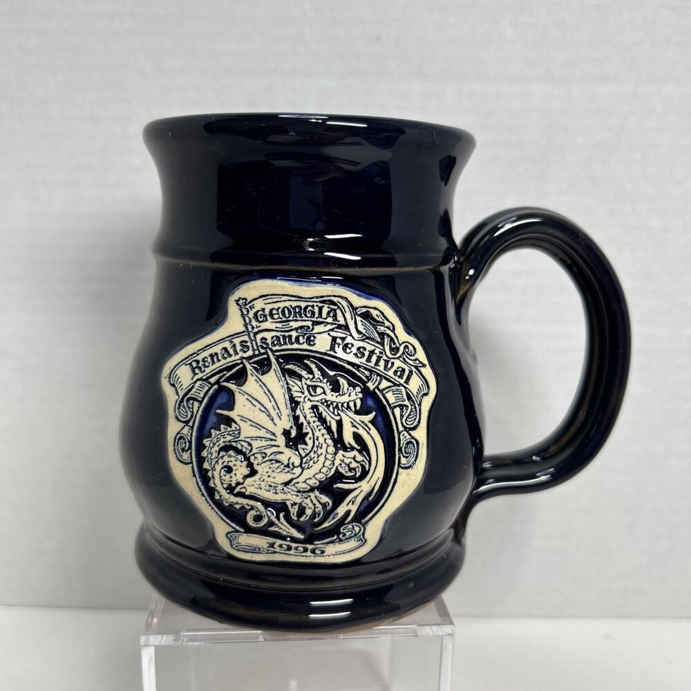 Georgia Renaissance Festival 1996 Ceramic Mug Blue Black Redware Pottery Dragon